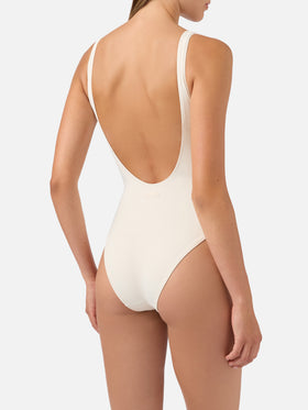 Maillot de bain une-pièce Lora en coloris crème avec décorations perlées sur le thème de la mer 