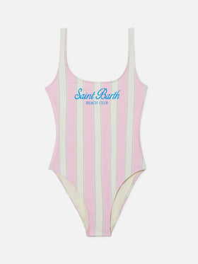 Lora one-piece swimsuit in pink and cream striped design with Beach Club print