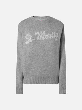Grauer Louise-Pullover mit Rundhalsausschnitt und St. Moritz-Strasssteinen | ST. MORITZ TOP OF THE WORLD SPECIAL EDITION