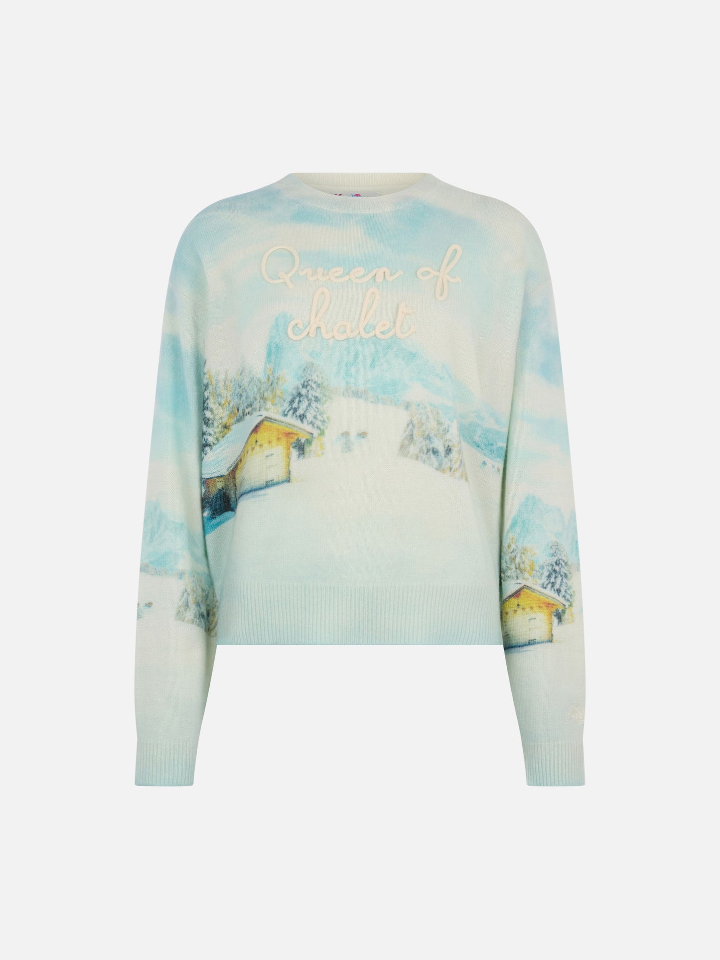 Weißes Crewneck-Sweatshirt Louise Jr mit Chalet-Print und Queen of Chalet-Stickerei 