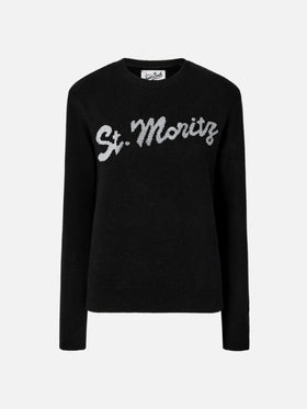 Louise Kaschmirpullover in Schwarz mit St. Moritz Strassapplikation