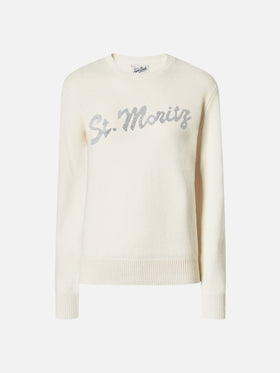 Louise Kaschmirpullover in Weiß mit St. Moritz Strassapplikation