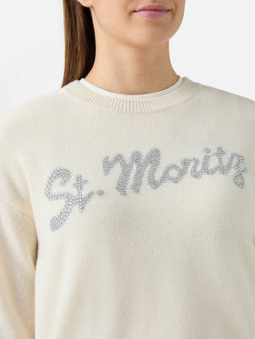 Louise Kaschmirpullover in Weiß mit St. Moritz Strassapplikation