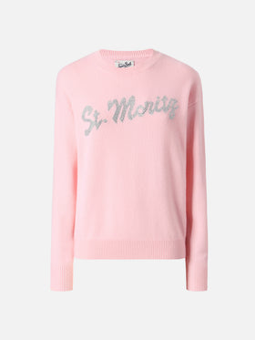 Pull Louise en cachemire rose avec application de strass St. Moritz 