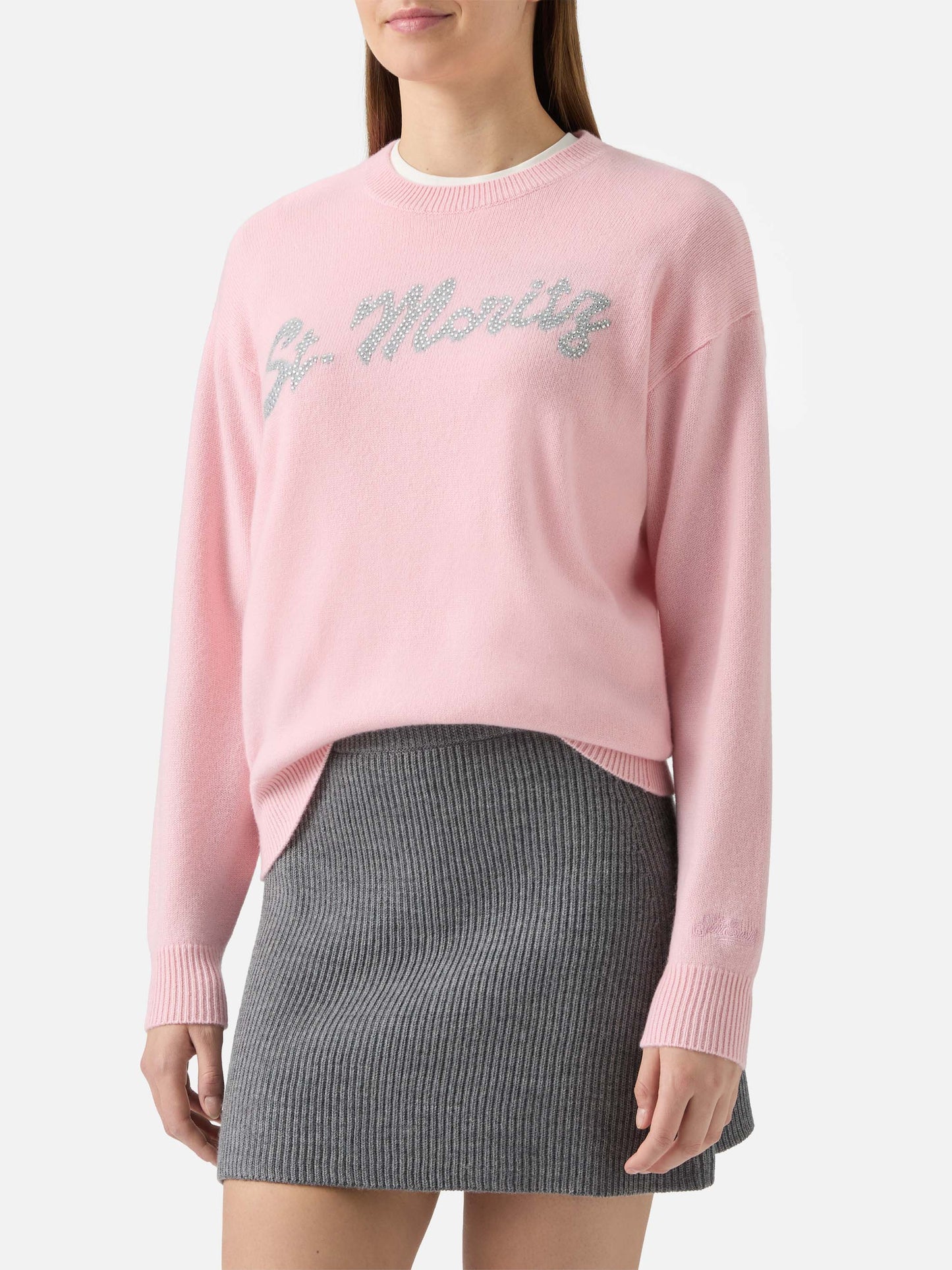 Pull Louise en cachemire rose avec application de strass St. Moritz 
