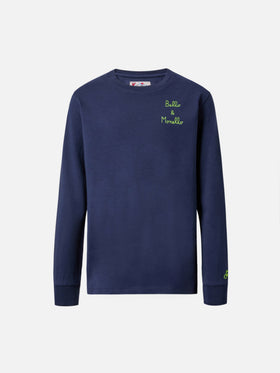 Luton Langarm-Baumwoll-T-Shirt in Blau mit Bello e Monello-Stickerei