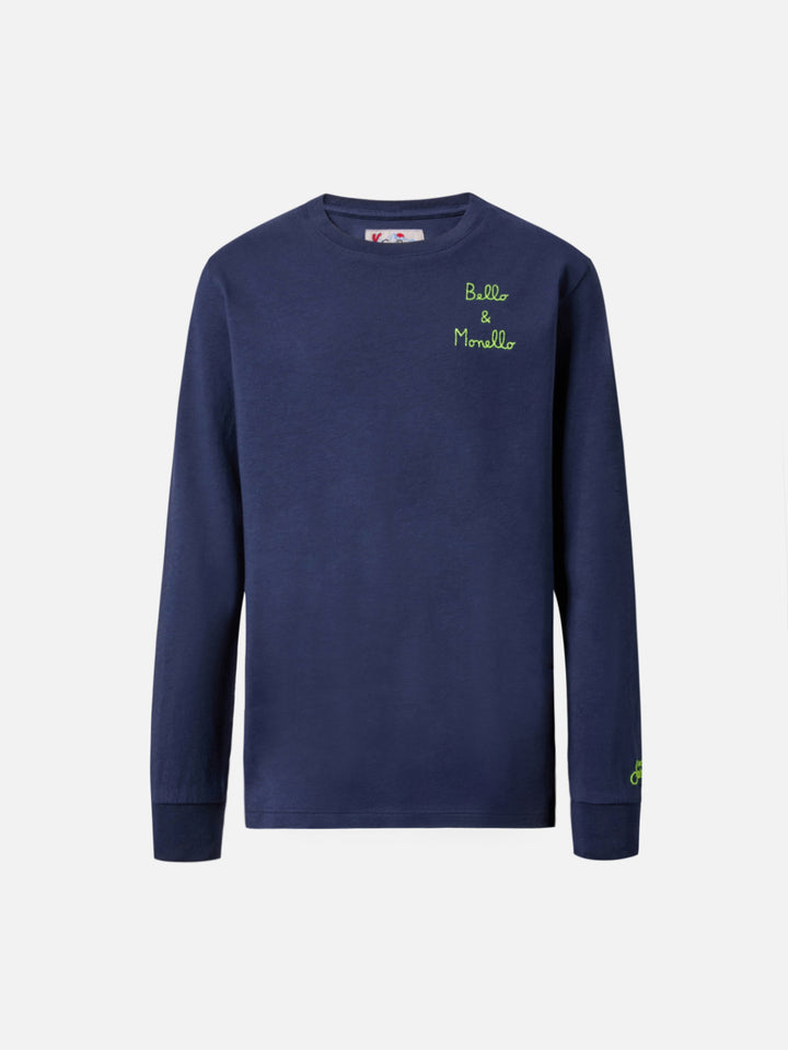 Luton Langarm-Baumwoll-T-Shirt in Blau mit Bello e Monello-Stickerei