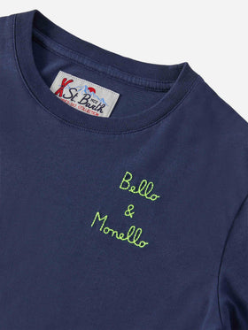 Luton Langarm-Baumwoll-T-Shirt in Blau mit Bello e Monello-Stickerei