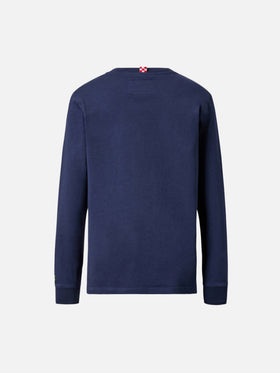 Luton Langarm-Baumwoll-T-Shirt in Blau mit Bello e Monello-Stickerei