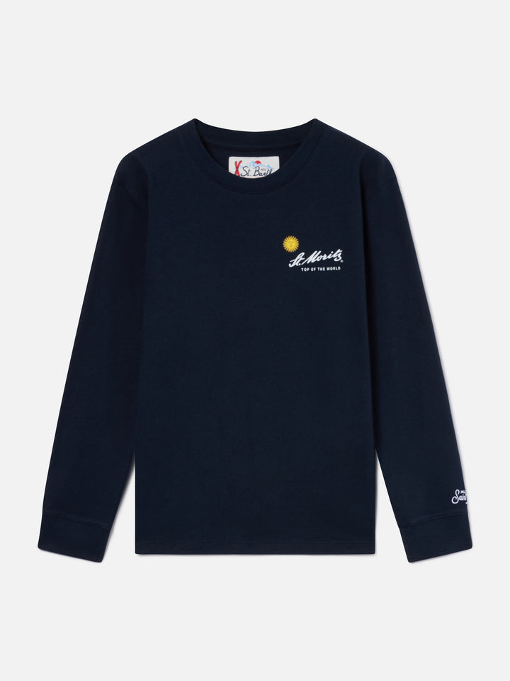 T-shirt à manches longues en coton Luton Navy blue avec imprimé St. Moritz au dos | Special edition 