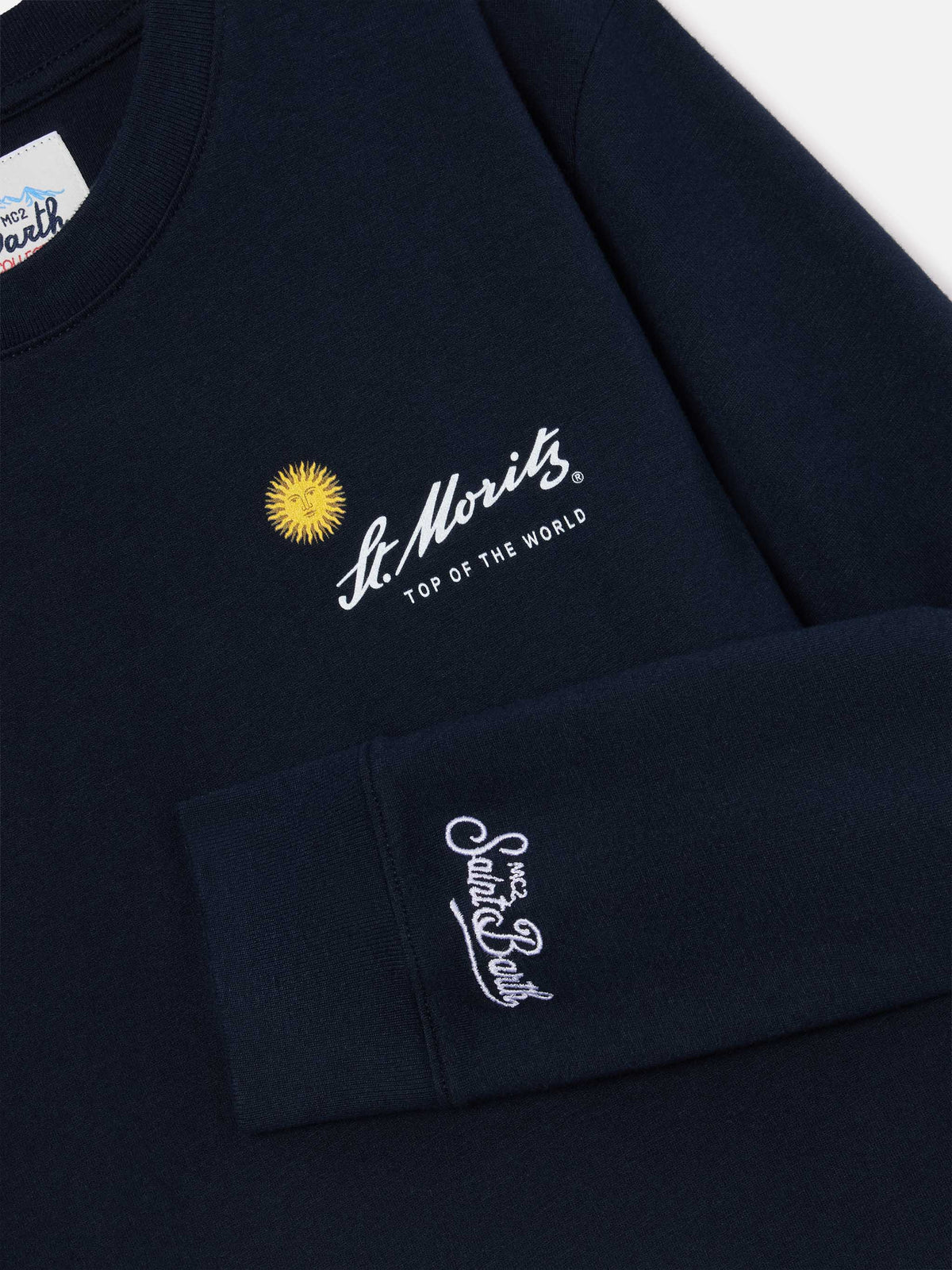 Marineblaues blue Luton Langarm-T-Shirt aus Baumwolle mit St. Moritz Print auf der Rückseite | Special edition 
