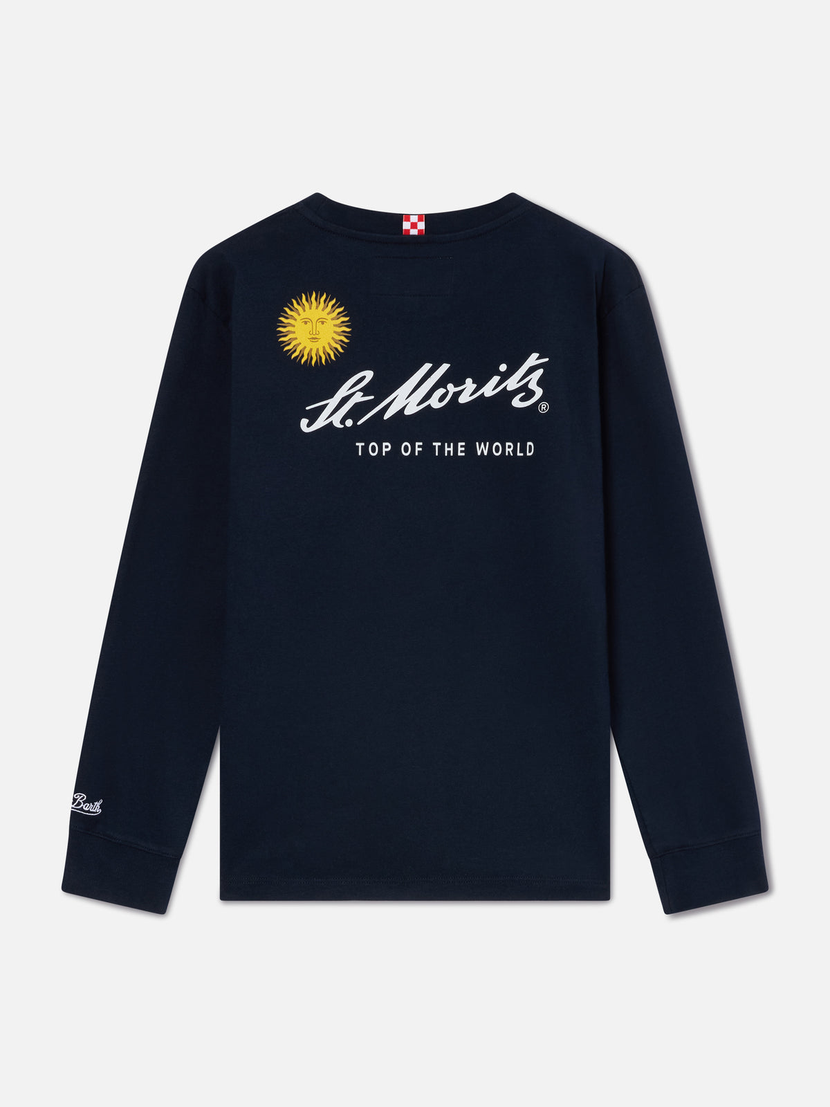 Marineblaues blue Luton Langarm-T-Shirt aus Baumwolle mit St. Moritz Print auf der Rückseite | Special edition 