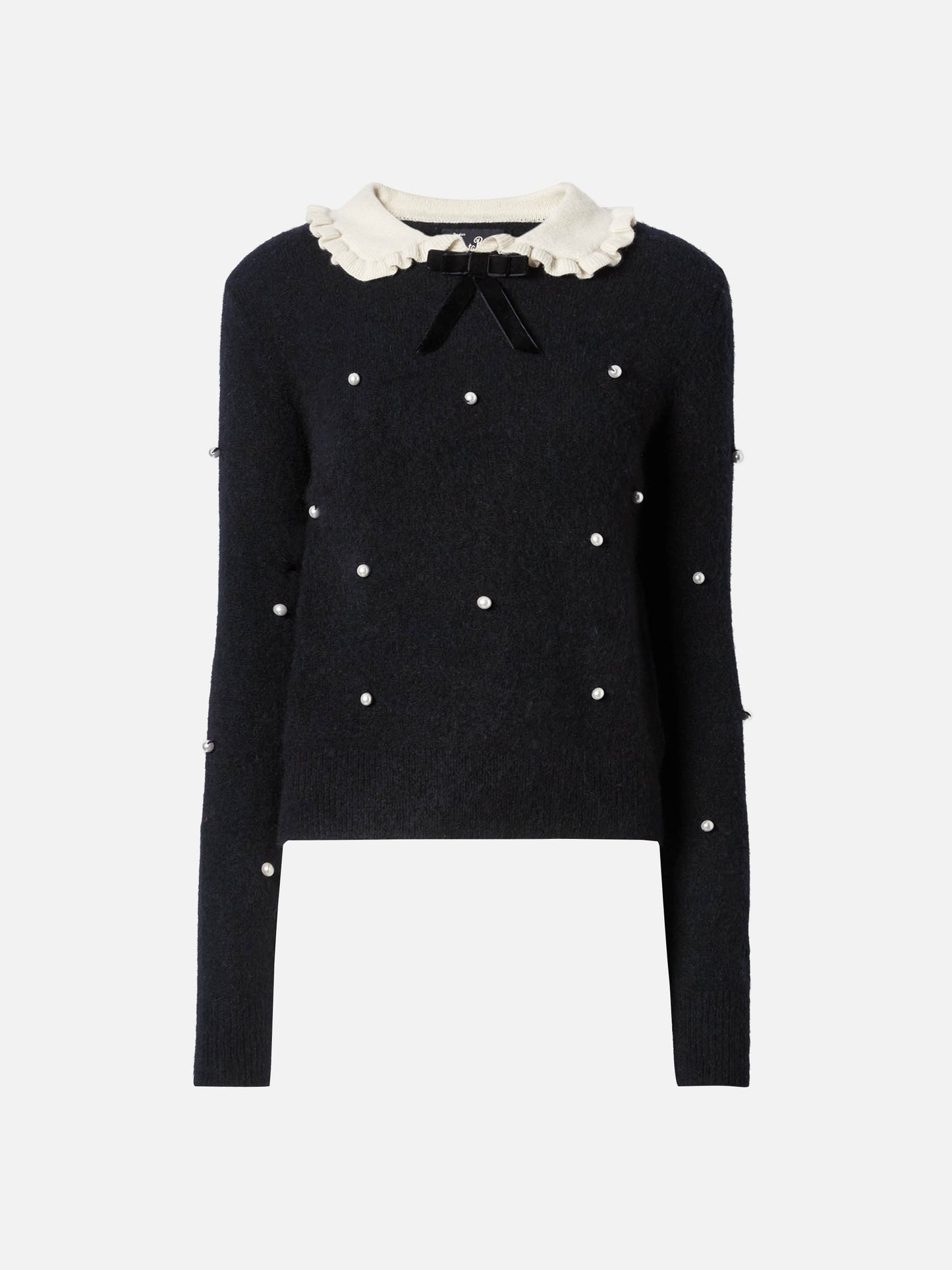Schwarzer Pullover Levine mit Schleife, Kragen und Perlenverzierung