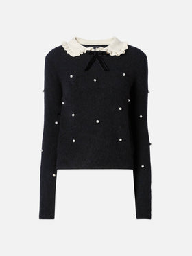 Schwarzer Pullover Levine mit Schleife, Kragen und Perlenverzierung