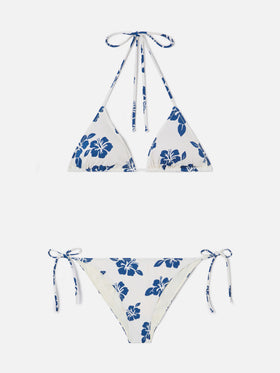 Bikini Levyne triangolo in tessuto elasticizzato con stampa hibiscus blu