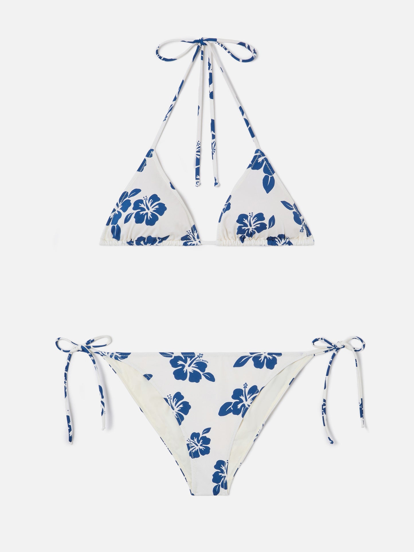 Bikini Levyne triangolo in tessuto elasticizzato con stampa hibiscus blu