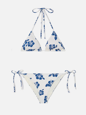 Bikini Levyne triangolo in tessuto elasticizzato con stampa hibiscus blu
