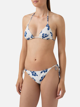 Bikini Levyne triangolo in tessuto elasticizzato con stampa hibiscus blu