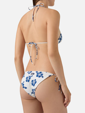 Bikini Levyne triangolo in tessuto elasticizzato con stampa hibiscus blu