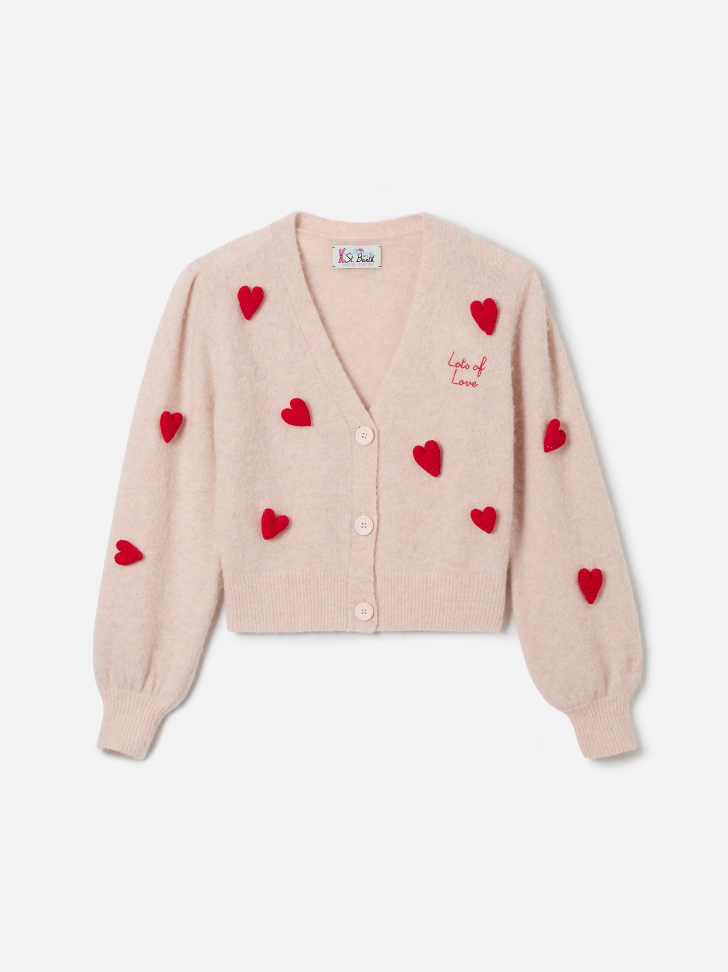 Lyza Soft cropped cardigan with crochet heart patches