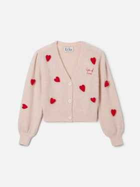 Lyza Soft cropped cardigan with crochet heart patches