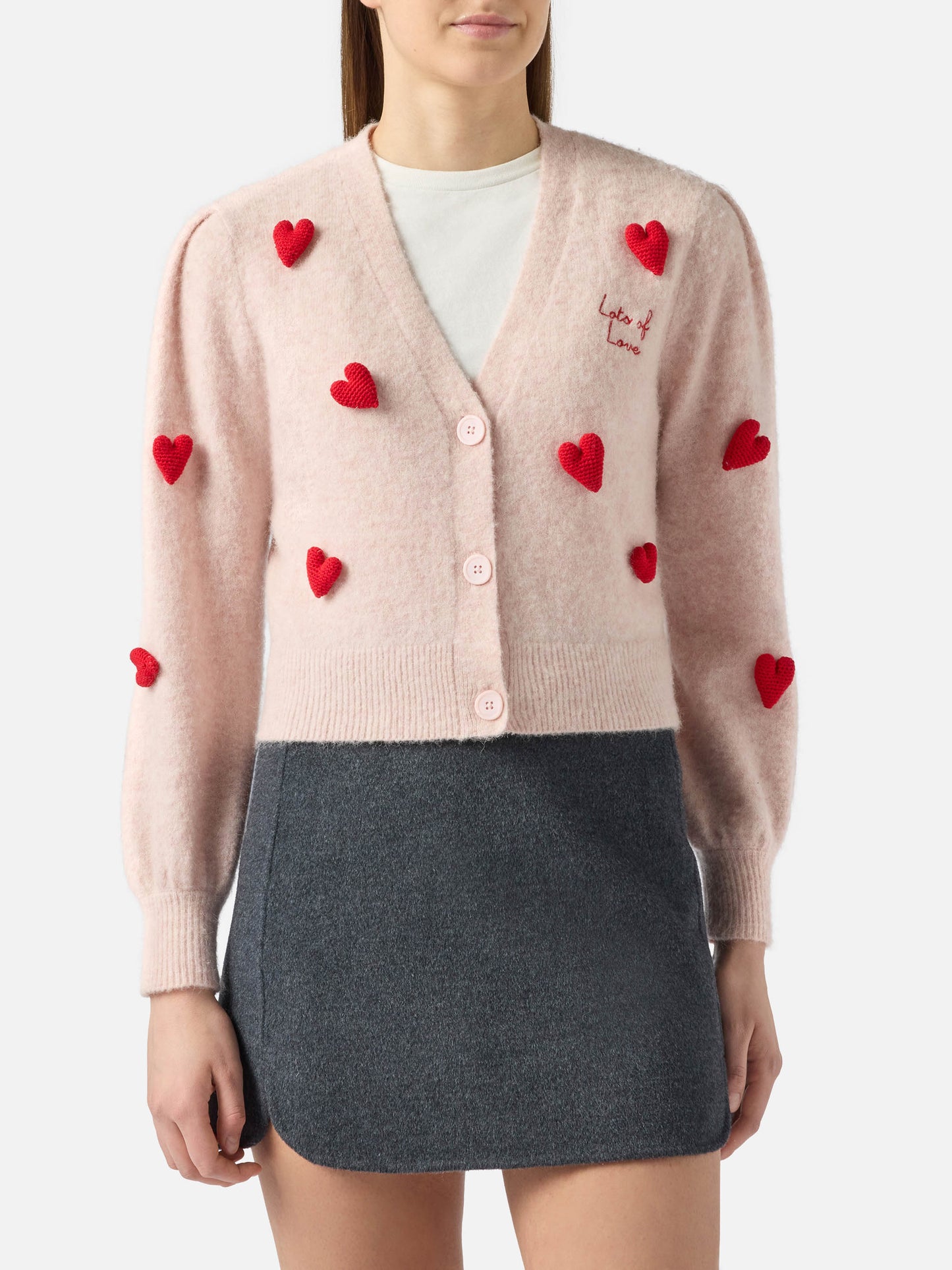 Lyza Soft cropped cardigan with crochet heart patches