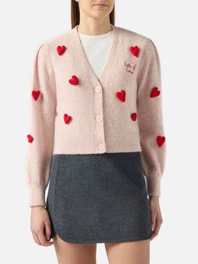 Lyza Soft cropped cardigan with crochet heart patches