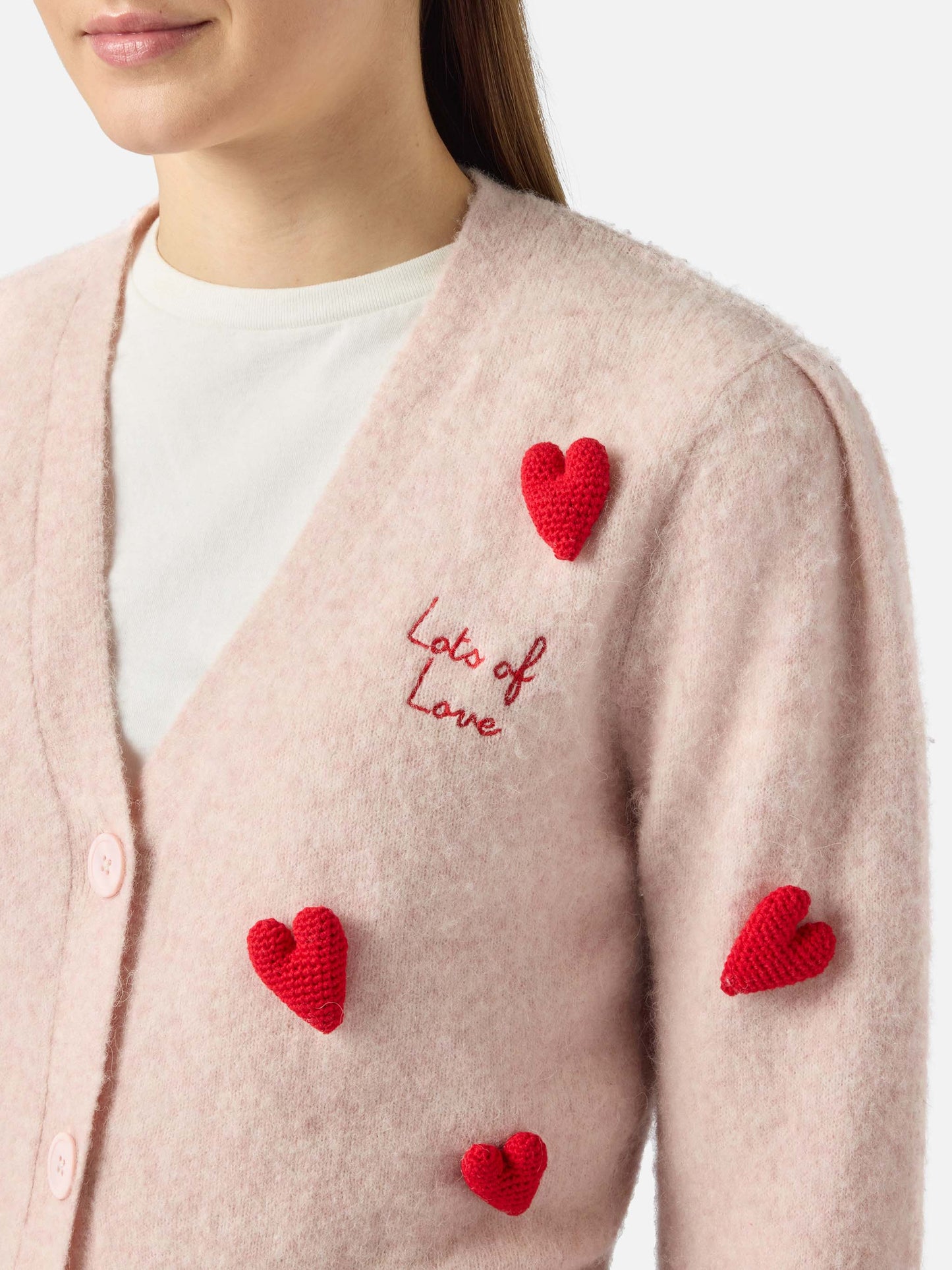 Lyza Soft cropped cardigan with crochet heart patches