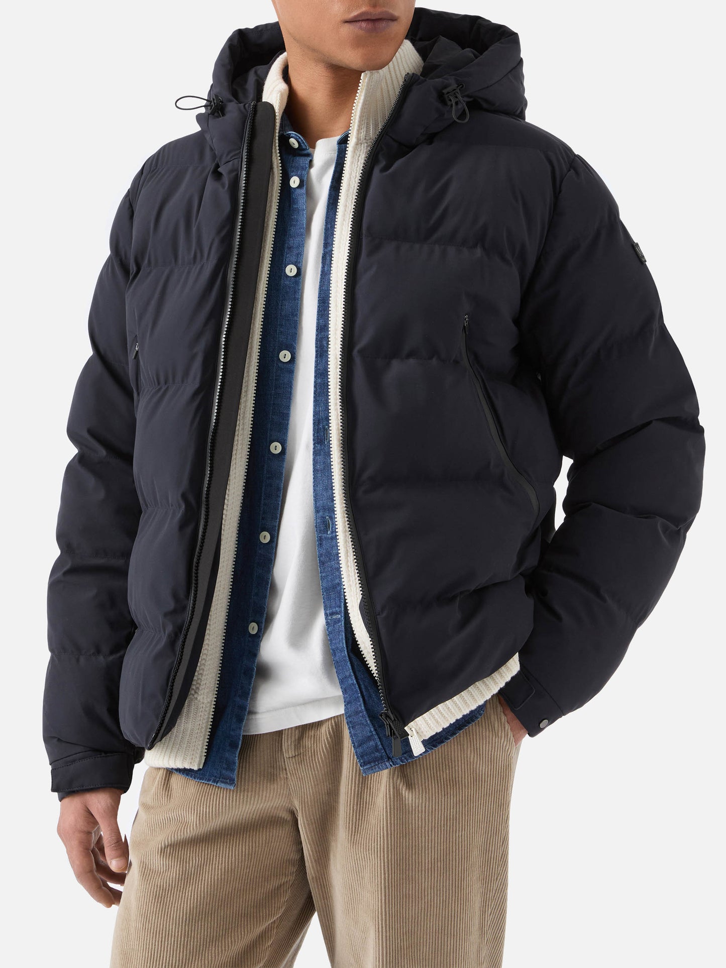 Giacca Maier imbottita con cappuccio in tessuto tecnico blu navy tinta unita