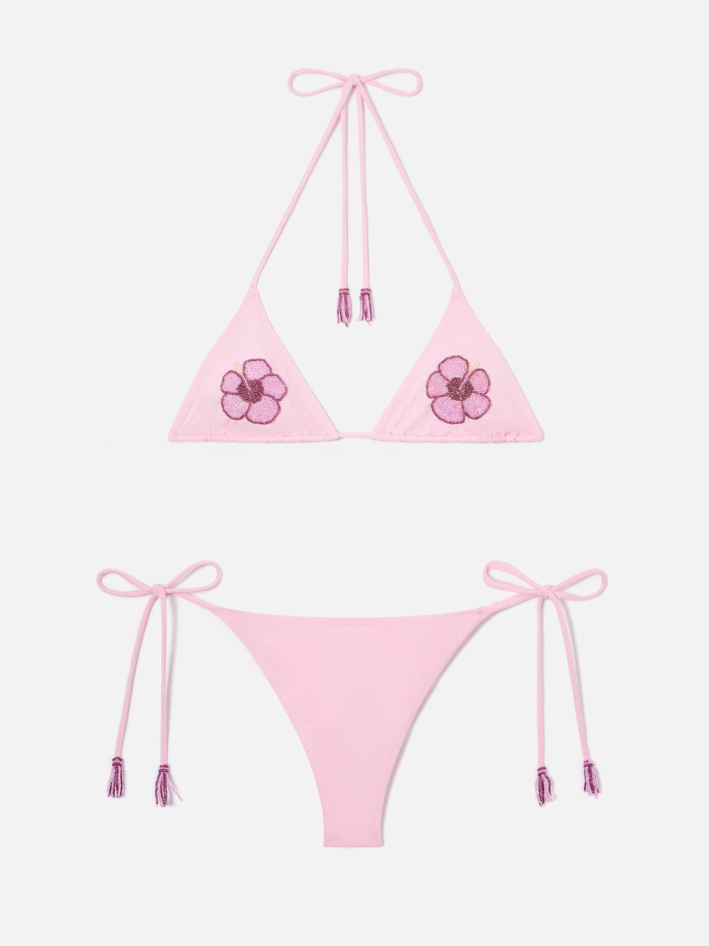 Bikini Maleah de triángulo en rosa con adornos florales de cuentas 