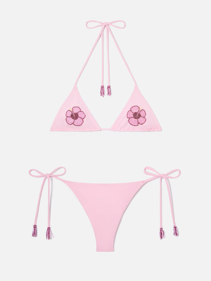 Bikini Maleah Triangel in Rosa mit floralen Perlenverzierungen 