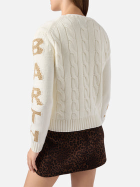 Malmö Zopfstrickpullover aus Kaschmirmischung in Weiß mit Saint-Barth-Jacquardmuster an den Ärmeln