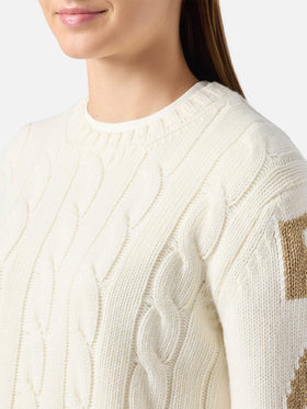 Malmö Zopfstrickpullover aus Kaschmirmischung in Weiß mit Saint-Barth-Jacquardmuster an den Ärmeln