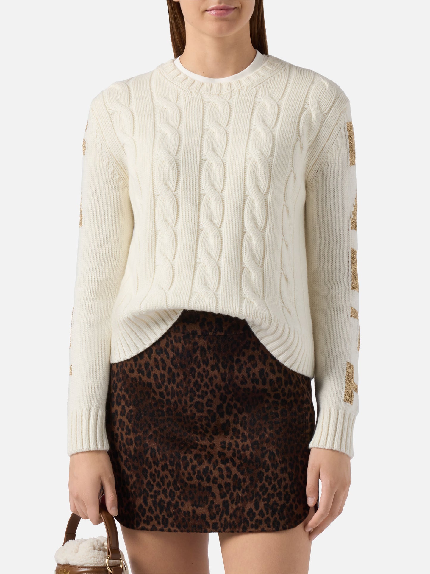 Malmö Zopfstrickpullover aus Kaschmirmischung in Weiß mit Saint-Barth-Jacquardmuster an den Ärmeln