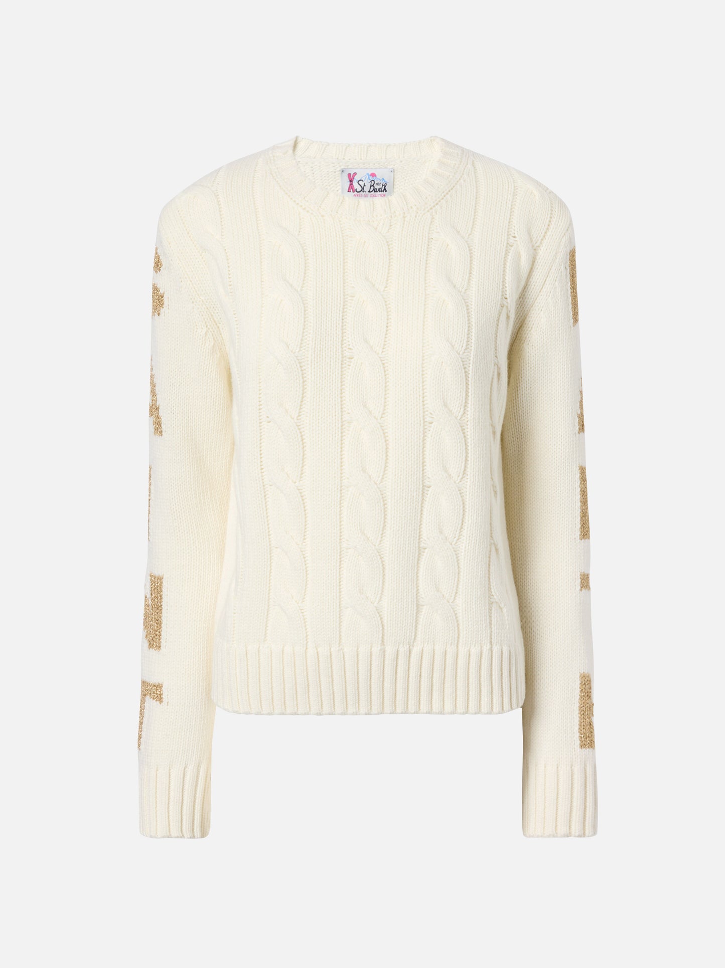 Malmö Zopfstrickpullover aus Kaschmirmischung in Weiß mit Saint-Barth-Jacquardmuster an den Ärmeln