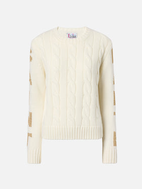Malmö Zopfstrickpullover aus Kaschmirmischung in Weiß mit Saint-Barth-Jacquardmuster an den Ärmeln