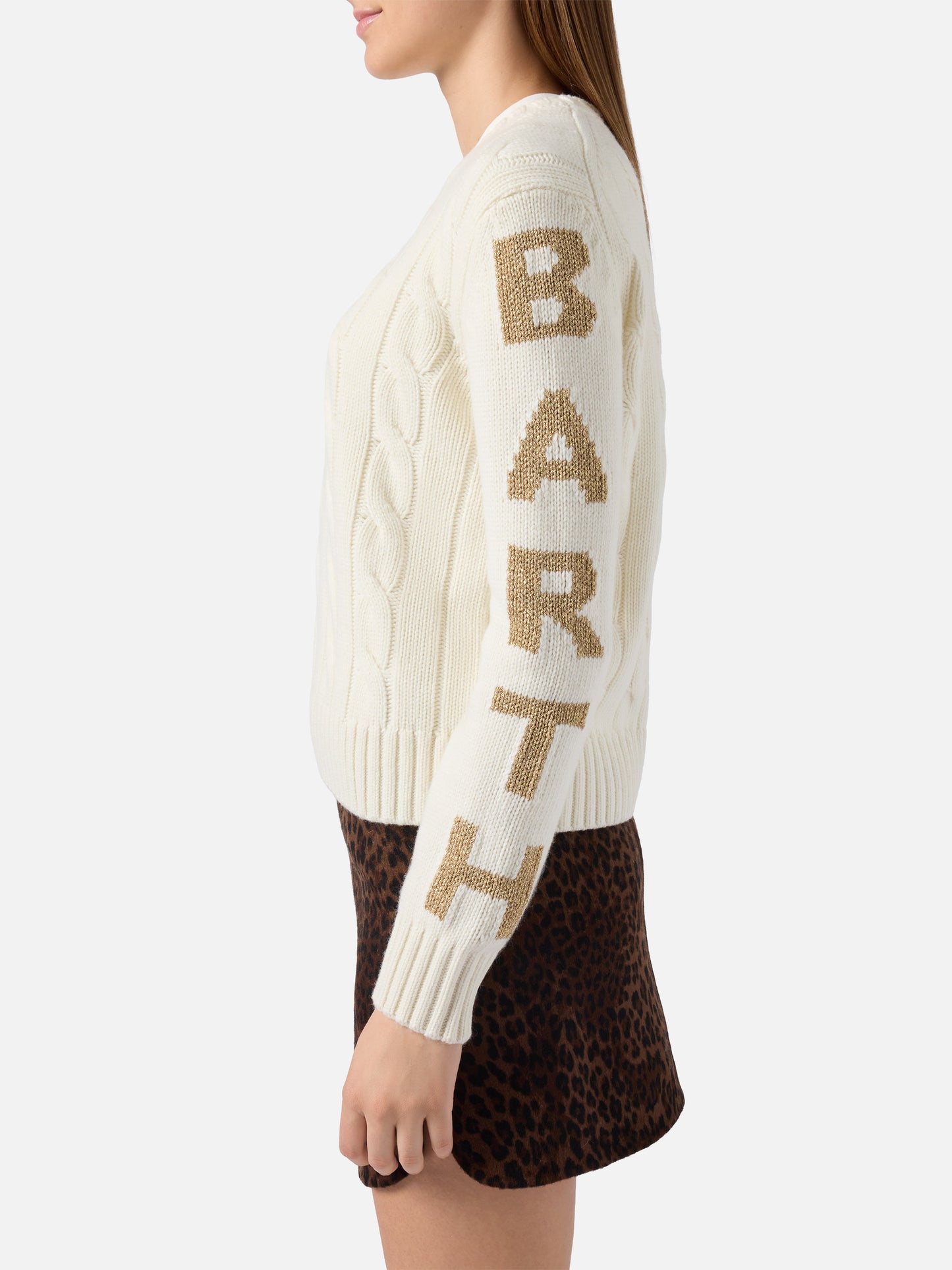 Malmö Zopfstrickpullover aus Kaschmirmischung in Weiß mit Saint-Barth-Jacquardmuster an den Ärmeln
