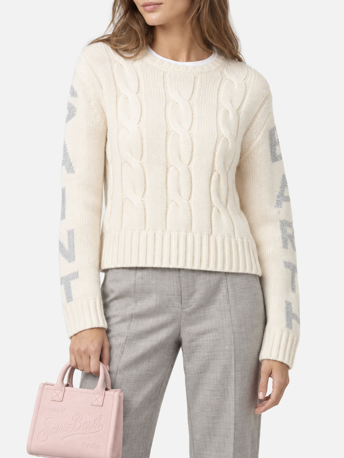 Suéter de cuello redondo Malmo blanco trenzado con detalles de lurex 
