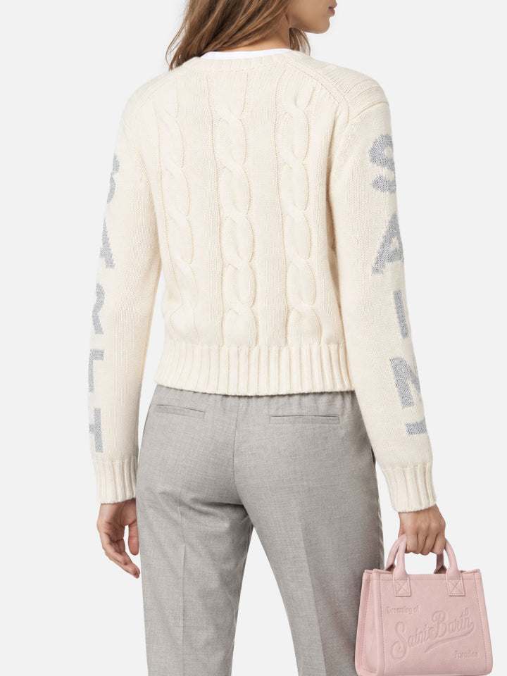 Pull ras-du-cou tressé blanc Malmo avec détails en lurex 