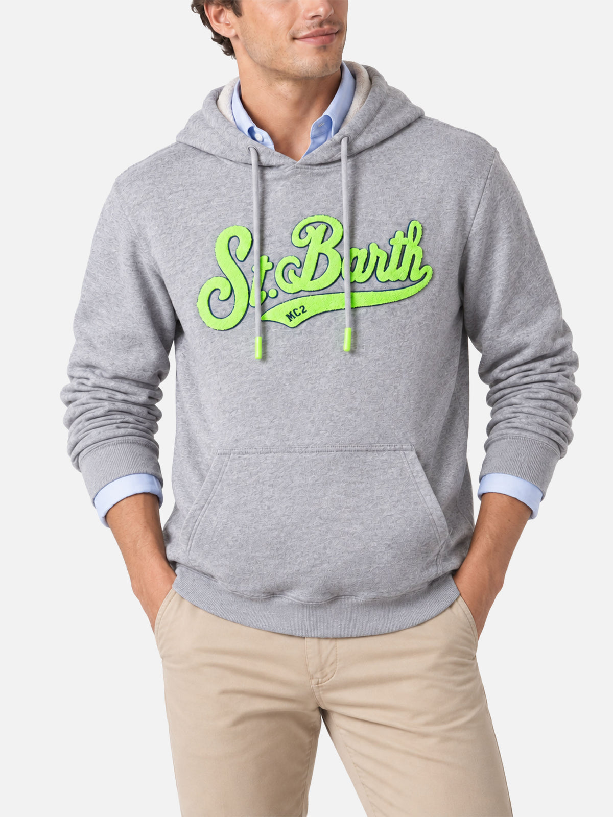Grey melange Manhattan hoodie with yellow logo embroidery