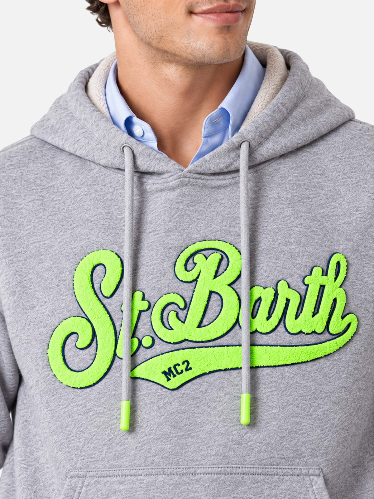 Grey melange Manhattan hoodie with yellow logo embroidery