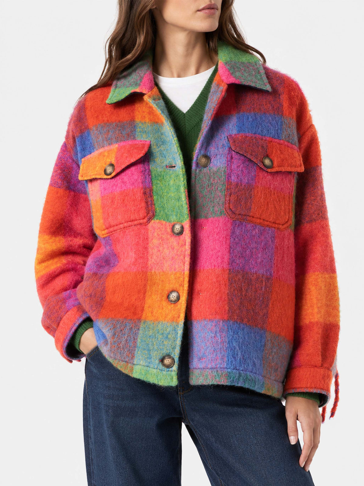 Sobrecamisa Marceline de cuadros multicolor con flecos 