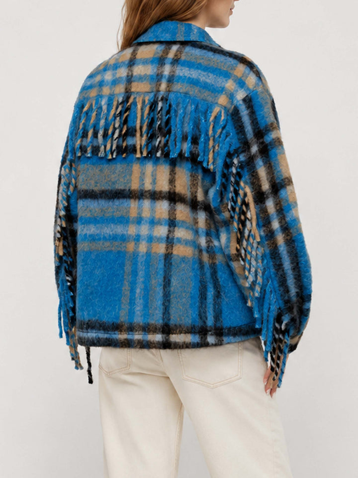 Marceline overshirt jacket with fringes and tartan pattern