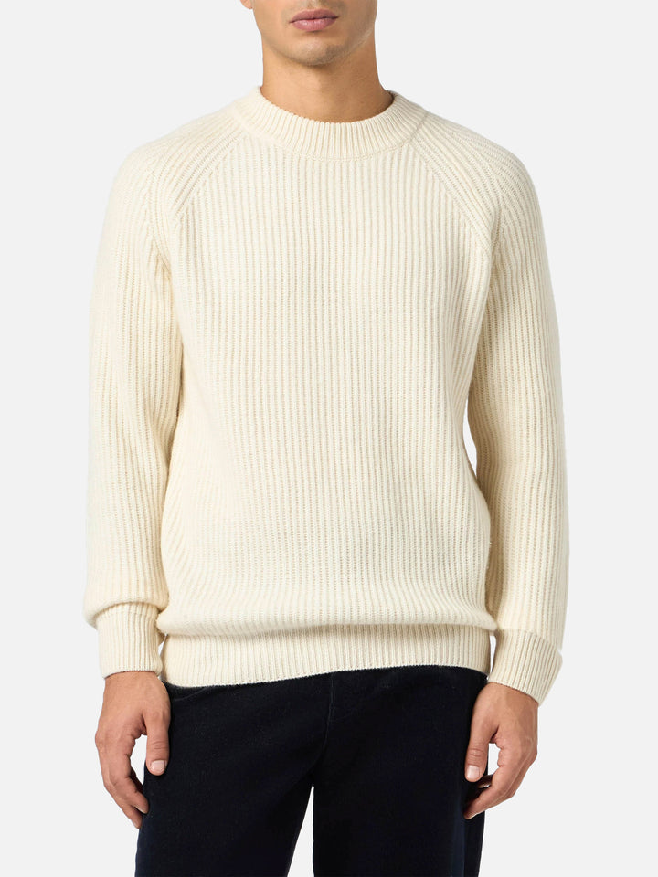 Weißer Rippstrickpullover aus Kaschmirmischung, Marineblau