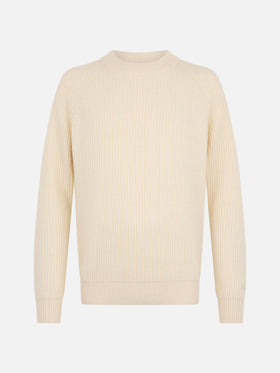 Weißer Rippstrickpullover aus Kaschmirmischung, Marineblau