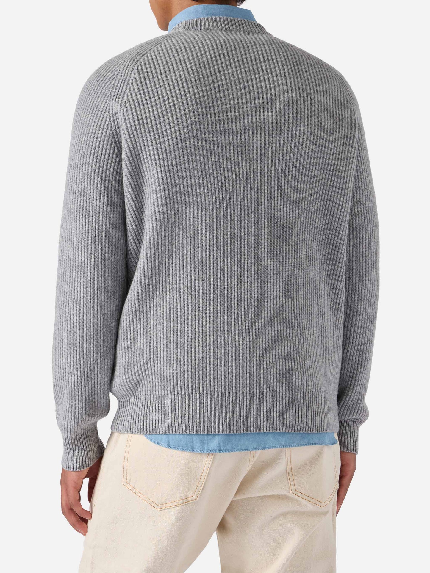 Marineblauer Wollpullover in grauem Melange mit englischem Rippstrickmuster
