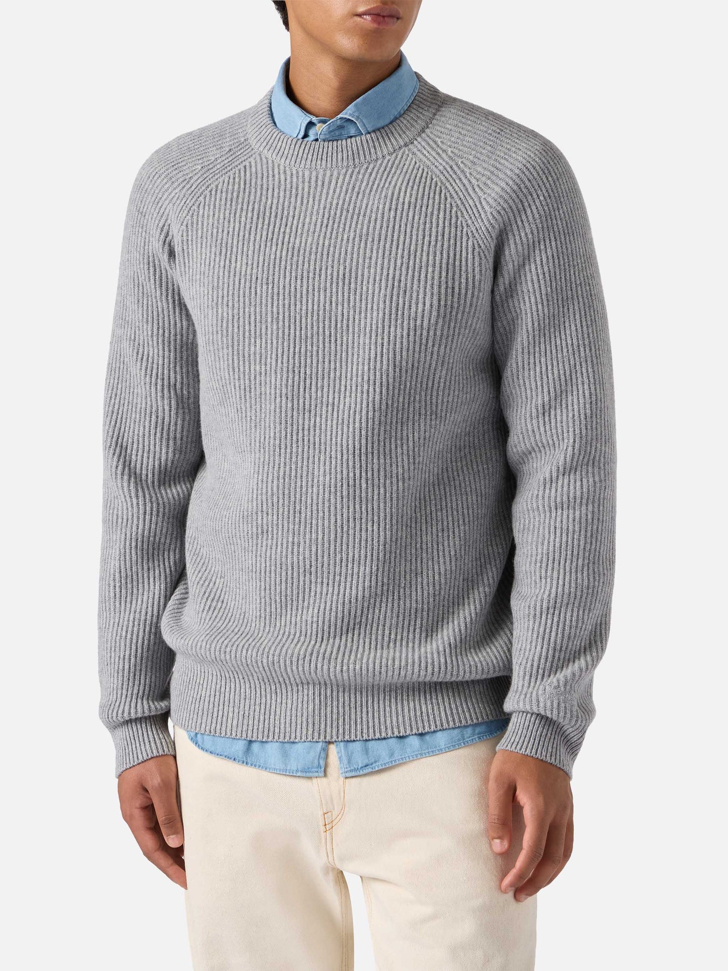 Marineblauer Wollpullover in grauem Melange mit englischem Rippstrickmuster