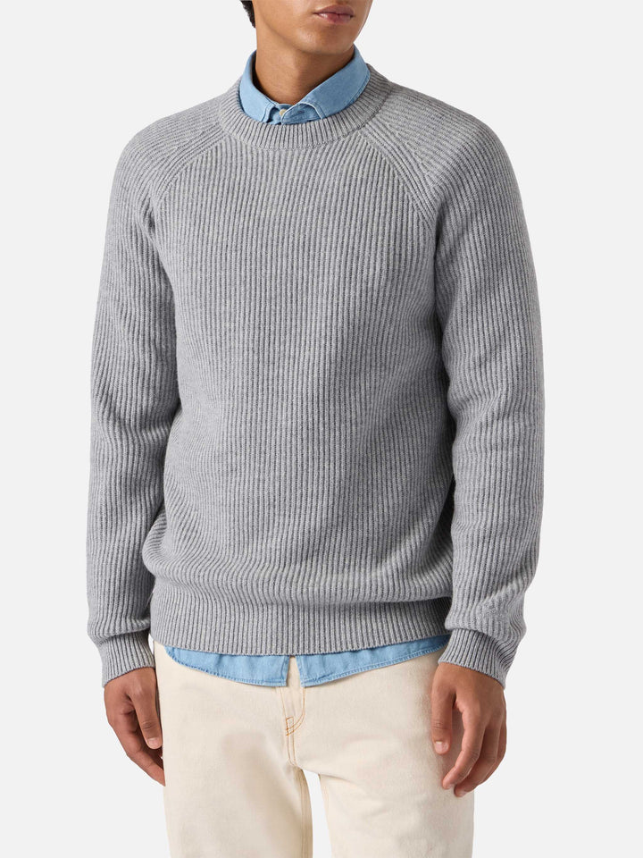Marineblauer Wollpullover in grauem Melange mit englischem Rippstrickmuster