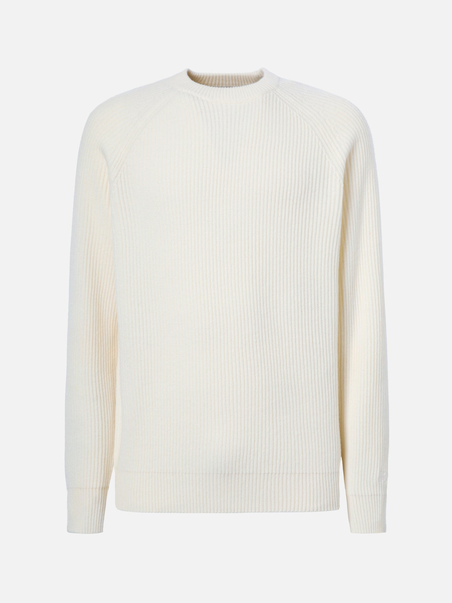 Marineblauer, weißer Wollpullover mit englischem Rippstrickmuster