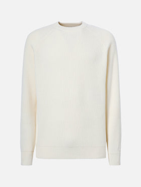 Marineblauer, weißer Wollpullover mit englischem Rippstrickmuster